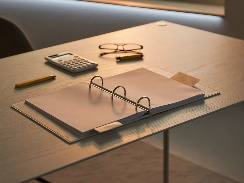 Illustration of a tidy desk with a binder, highlighter, reading glasses and calculator