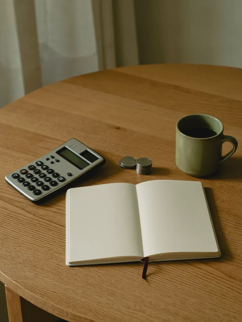 Illustration of a kitchen table with calculator, notebook, coins and mug for household budgeting